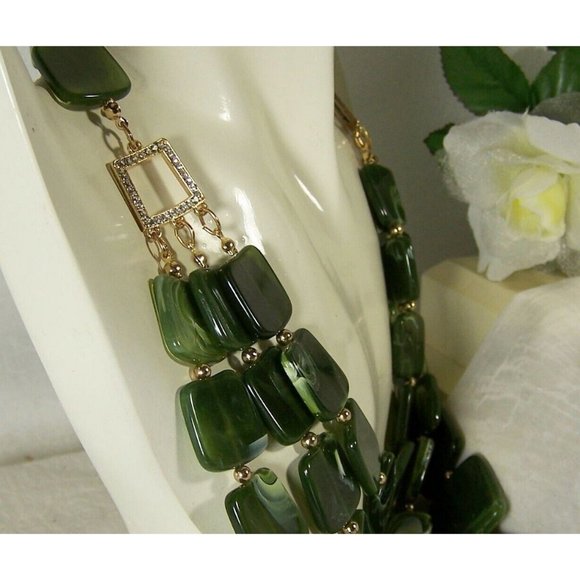 Vintage Charmin Charlie Signed Statement Necklace Faux Jade Panels Rhinestones - Picture 5 of 8